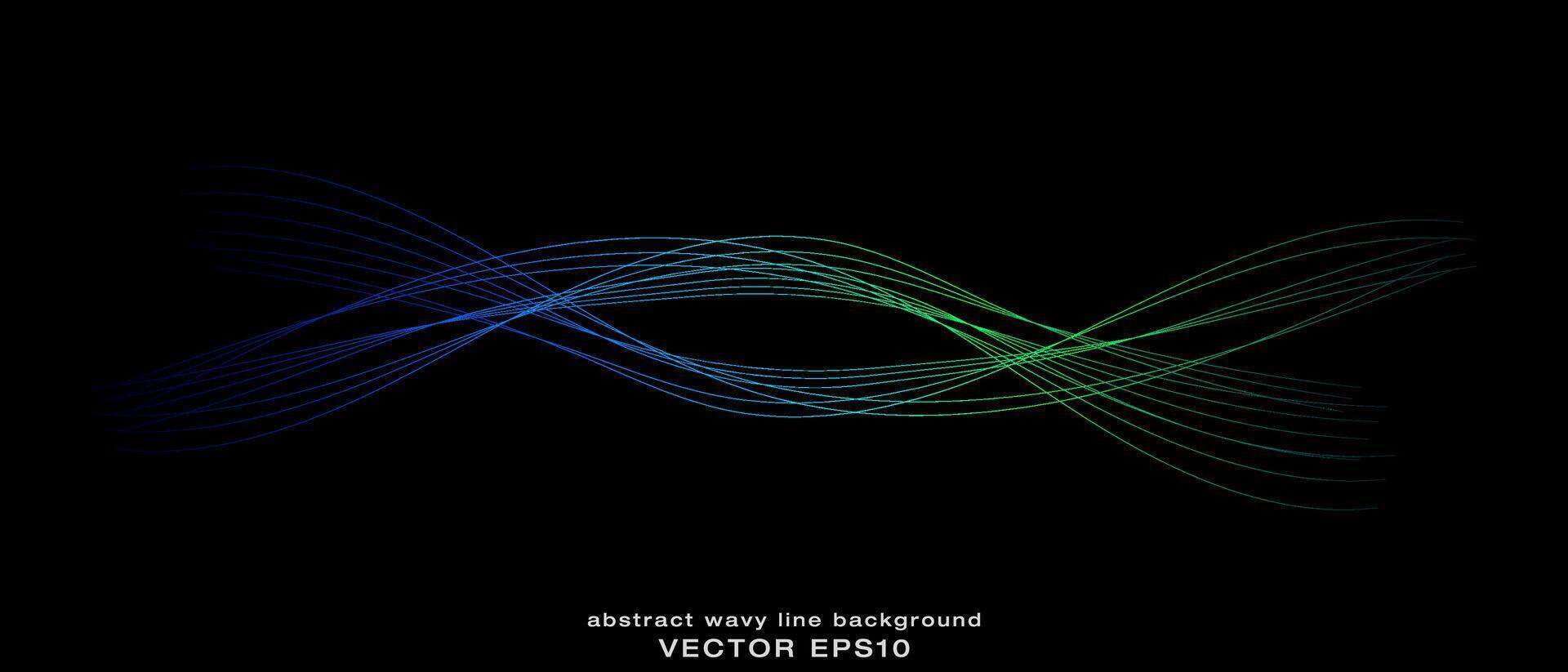 Abstract wavy dynamic blue green violet light lines curve banner on black background in concept technology, neural network, neurology, science, music, neon light. vector