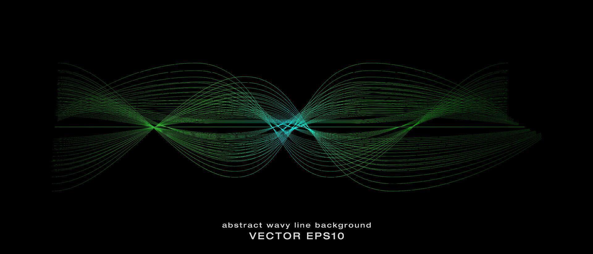 resumen ondulado dinámica azul verde Violeta ligero líneas curva bandera en negro antecedentes en concepto tecnología, neural red, neurología, ciencia, música, neón ligero. vector