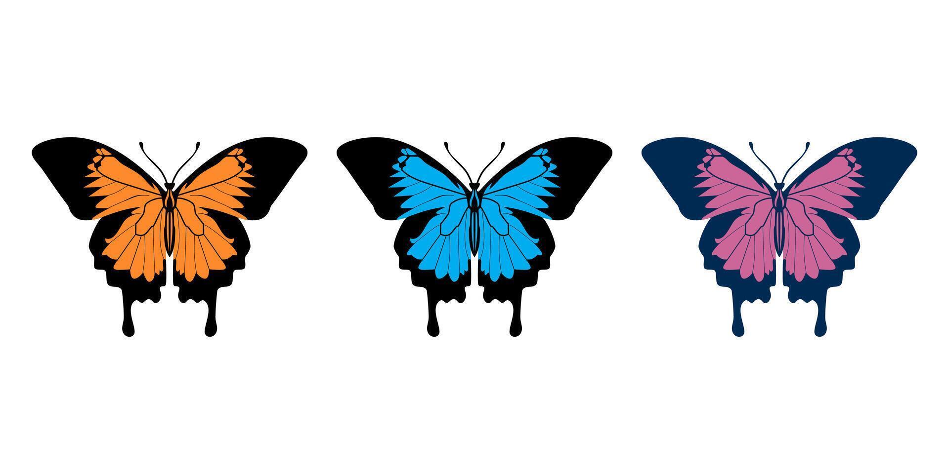 colorful butterfly vector illustration set. orange blue violet
