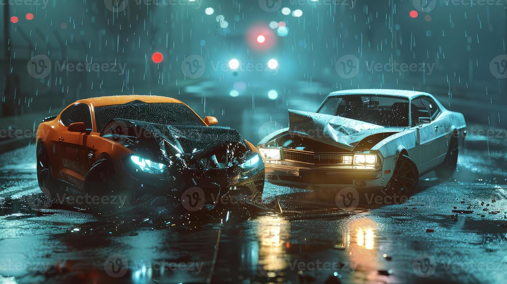 AI generated Two modern cars collided head on resulting in damage, street collision scene with wrecked vehicles at night photo