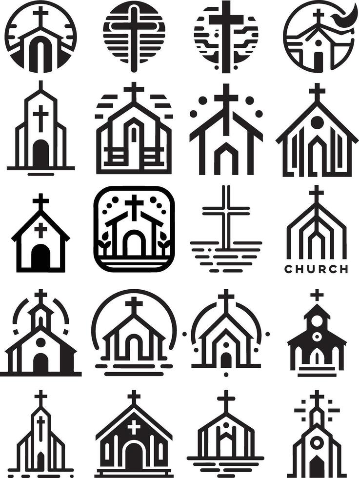 Churches and cross icons and logos for a simplistic modern minimalistic design. Some bell towns and building designs with the 4 corners of the world. vector