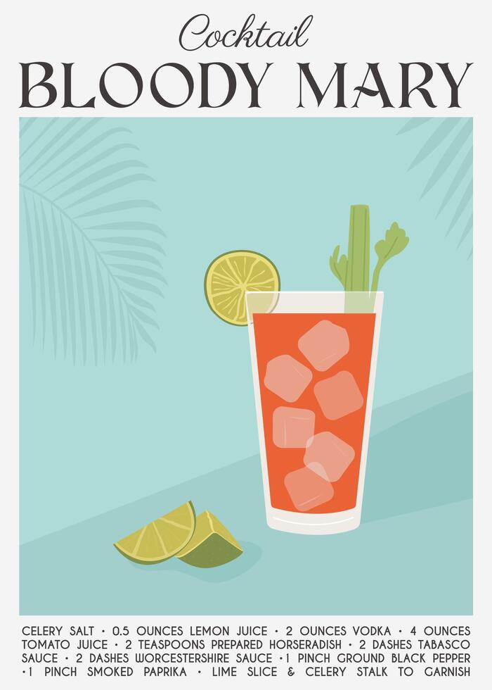 Contemporary poster Bloody Mary cocktail from tomato juice with celery stalk and cutted lime piece. Classic alcoholic beverage recipe. Modern trendy print. Contemporary wall art. Vector illustration.