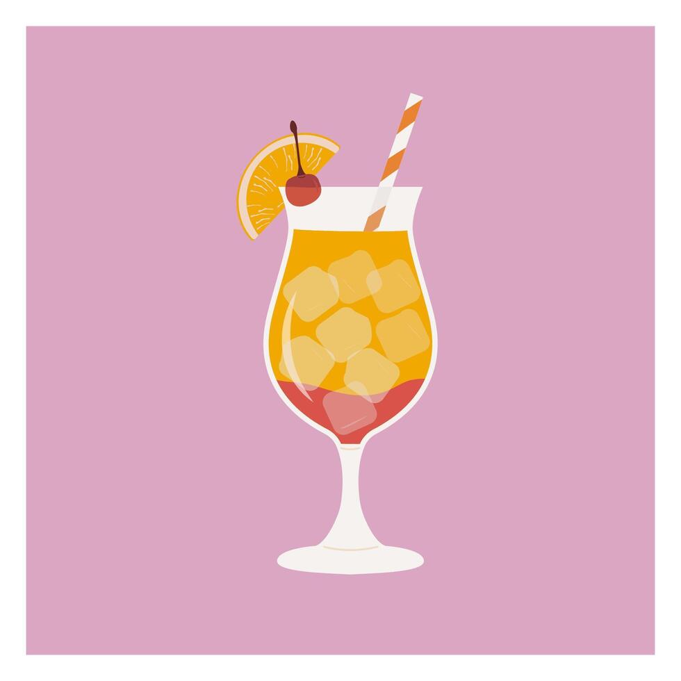Sex On The Beach Cocktail garnished with orange and cherry. Classic alcoholic beverage with berries. Summer aperitif with straw. Smoothie fruit drink. Vector illustration isolated on background.