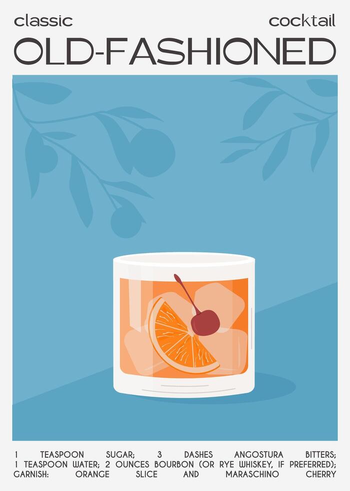 Old Fashioned Cocktail on the rocks garnish with orange slice and maraschino cherry. Whiskey with ice aperitif tropical vertical poster. Minimalistic trendy alcoholic beverage. Vector illustration.