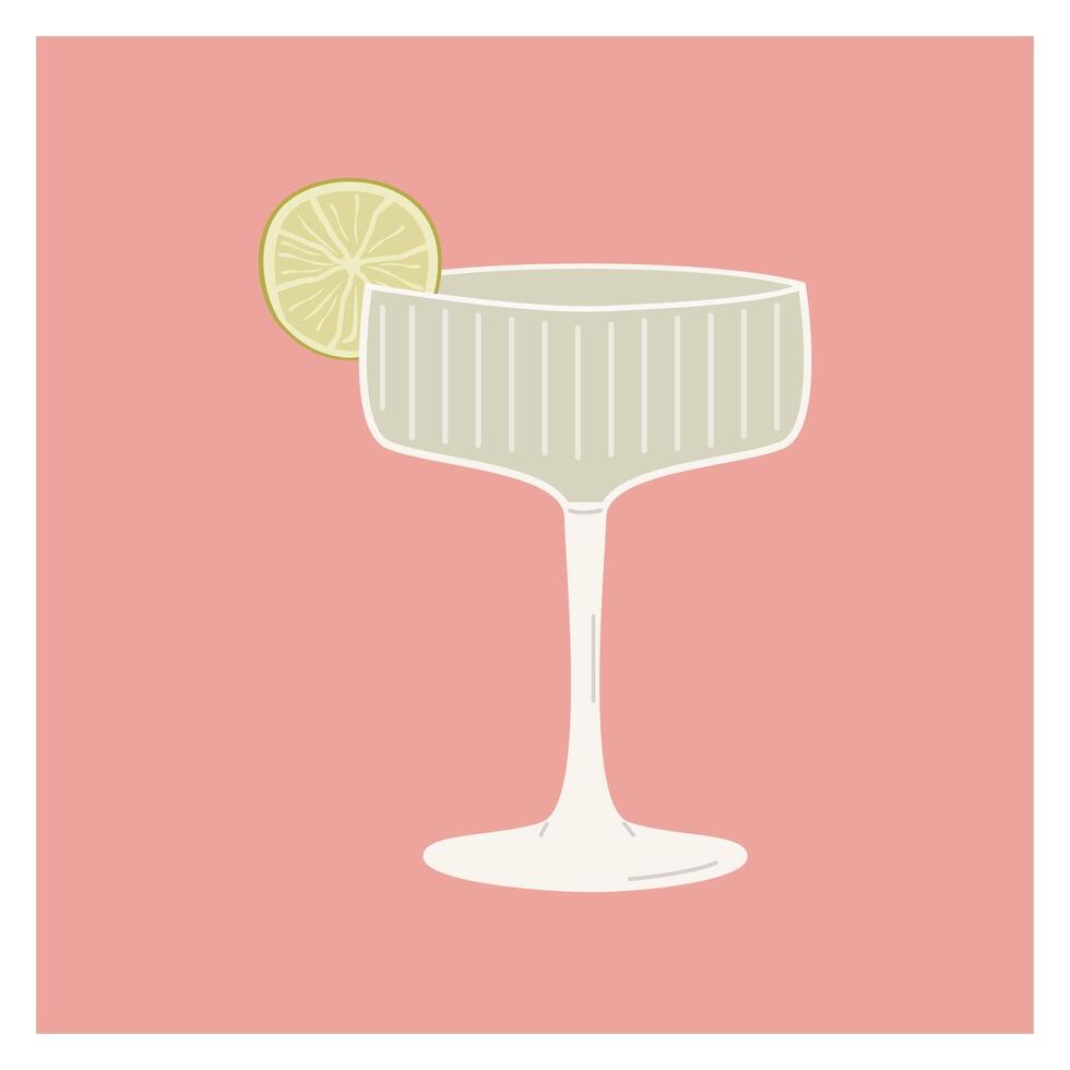 Gimlet Classic Cocktail garnish with lime slice. Classic alcoholic beverage. Summer aperitif. Minimalist alcoholic drink in trendy champagne glass isolated on background. Vector flat illustration.