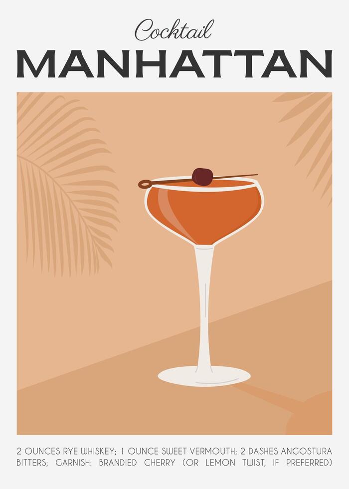 Manhattan Classic Cocktail garnished with maraschino cherry. Classic alcoholic beverage recipe wall art print. Summer aperitif poster. Minimalist alcoholic drink placard. Vector illustration.