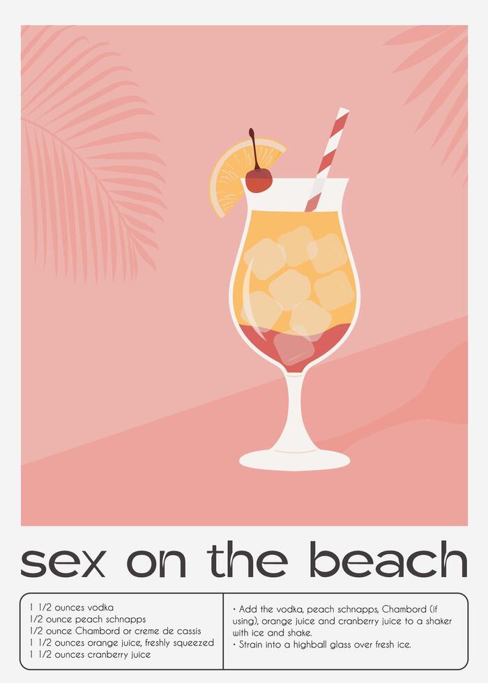 sexo en el playa tropical cóctel adornado con naranja y cereza. clásico alcohólico bebida receta pared Arte impresión. verano aperitivo póster. minimalista alcohólico bebida cartel. vector ilustración.