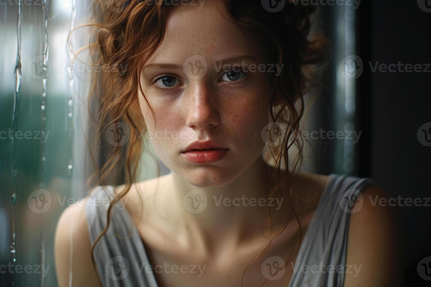 AI generated Portrait of a red-haired young girl depressed with tears in her eyes photo