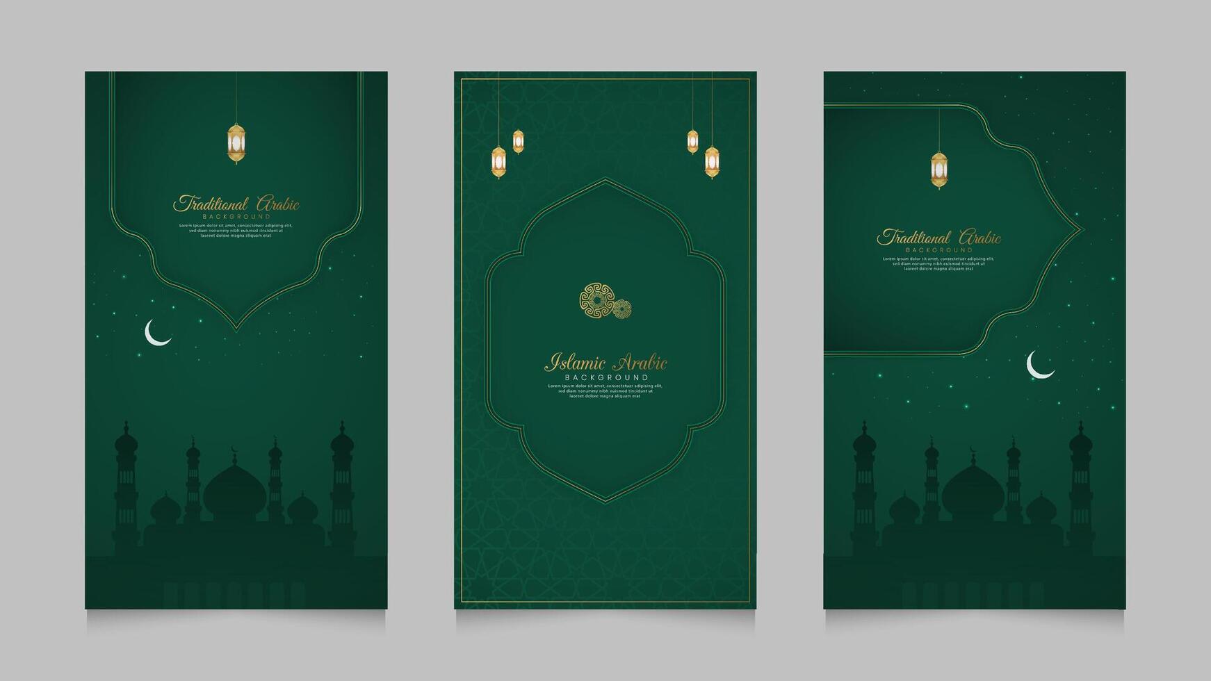 Islamic Arabic Realistic Social Media Stories Collection Template with Mosque for Ramadan Kareem and Eid Mubarak vector