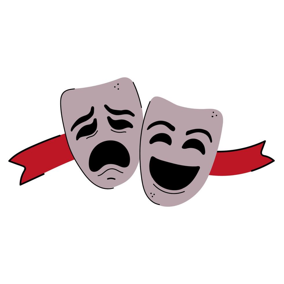 un garabatear ilustración de dos teatral mascaras y rojo cinta. comedia y tragedia concepto. aislado en blanco. vector