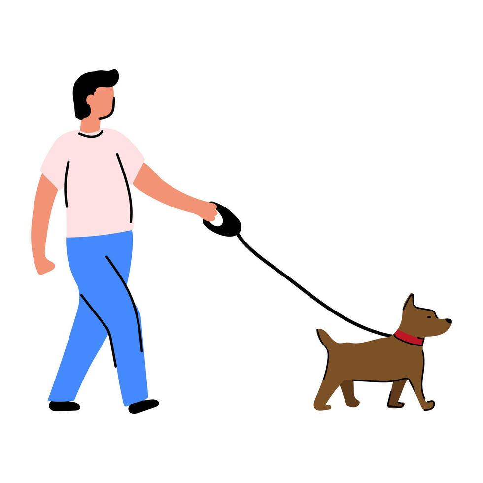 A simple illustration of a man walking his dog. Doodle pet trainer. Isolated on white. vector