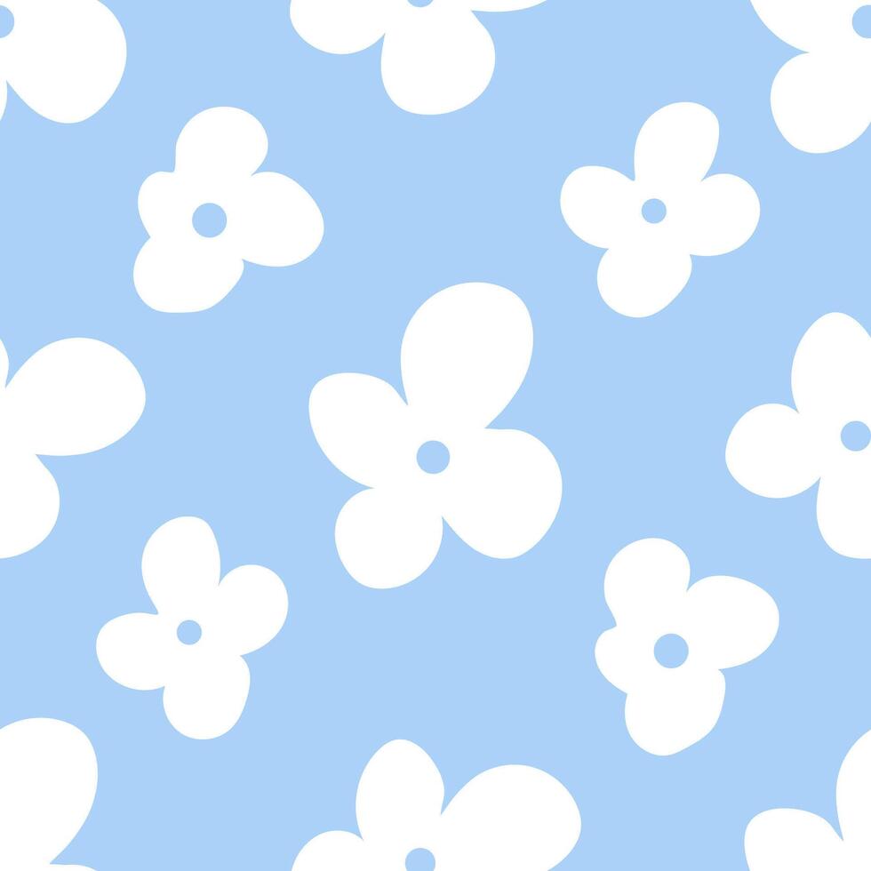 Cute vintage 70s style floral seamless pattern on a blue background. Doodle daisy flowers. vector