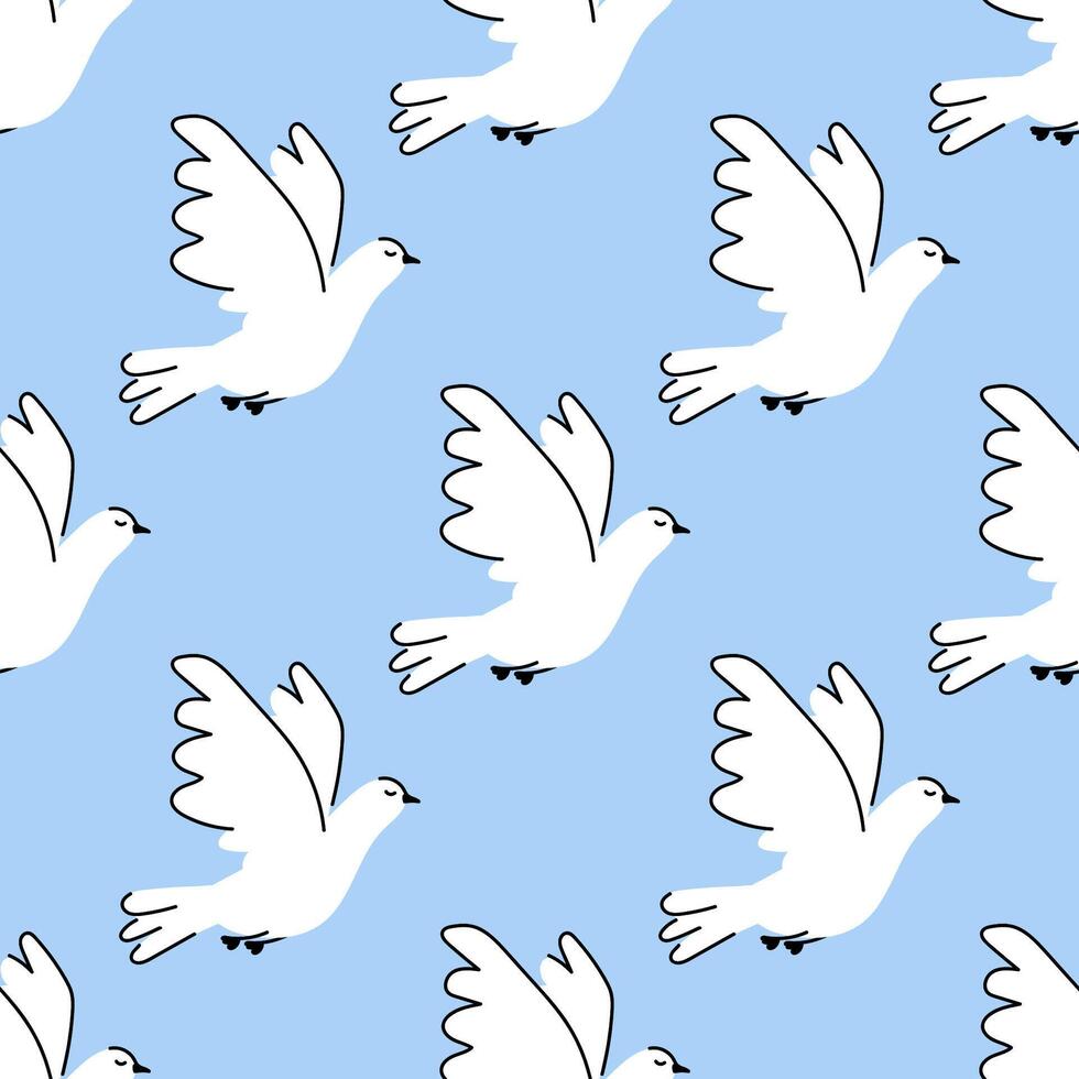 Cute hand drawn seamless pattern with abstract white doves on blue background. Endless print with flying birds. vector