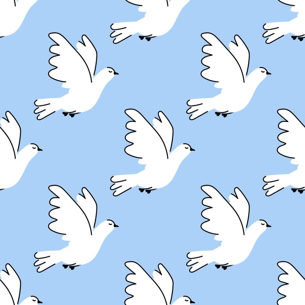 Cute hand drawn seamless pattern with abstract white doves on blue background. Endless print with flying birds. vector