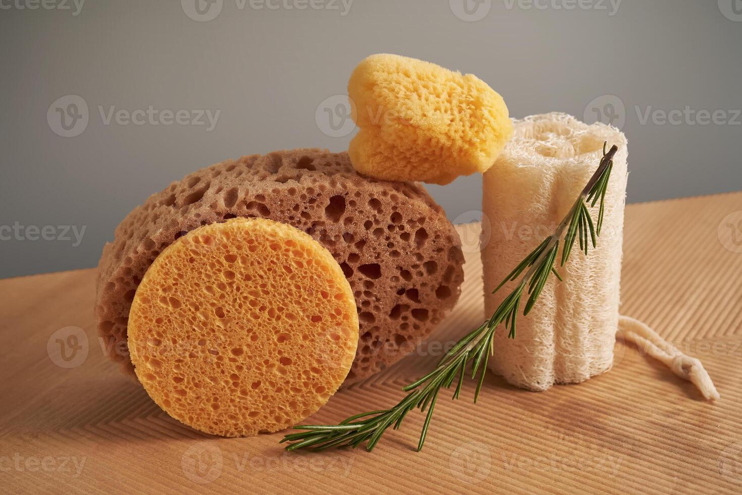 Composition of natural sponges and rosemary. photo