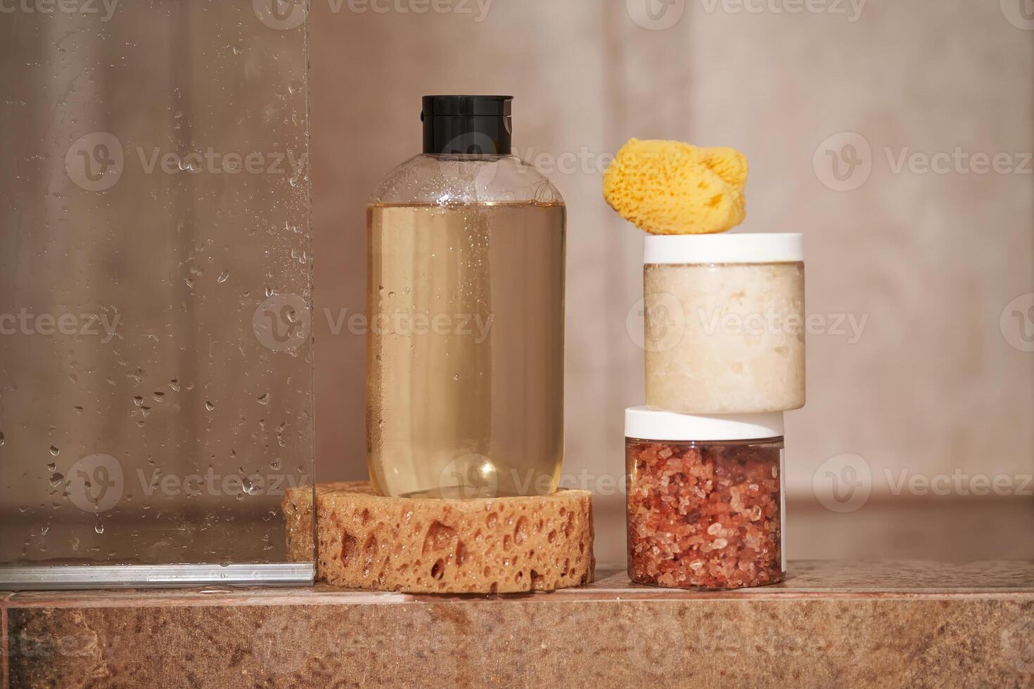 Composition of body gel, scrubbed and natural sponges. photo