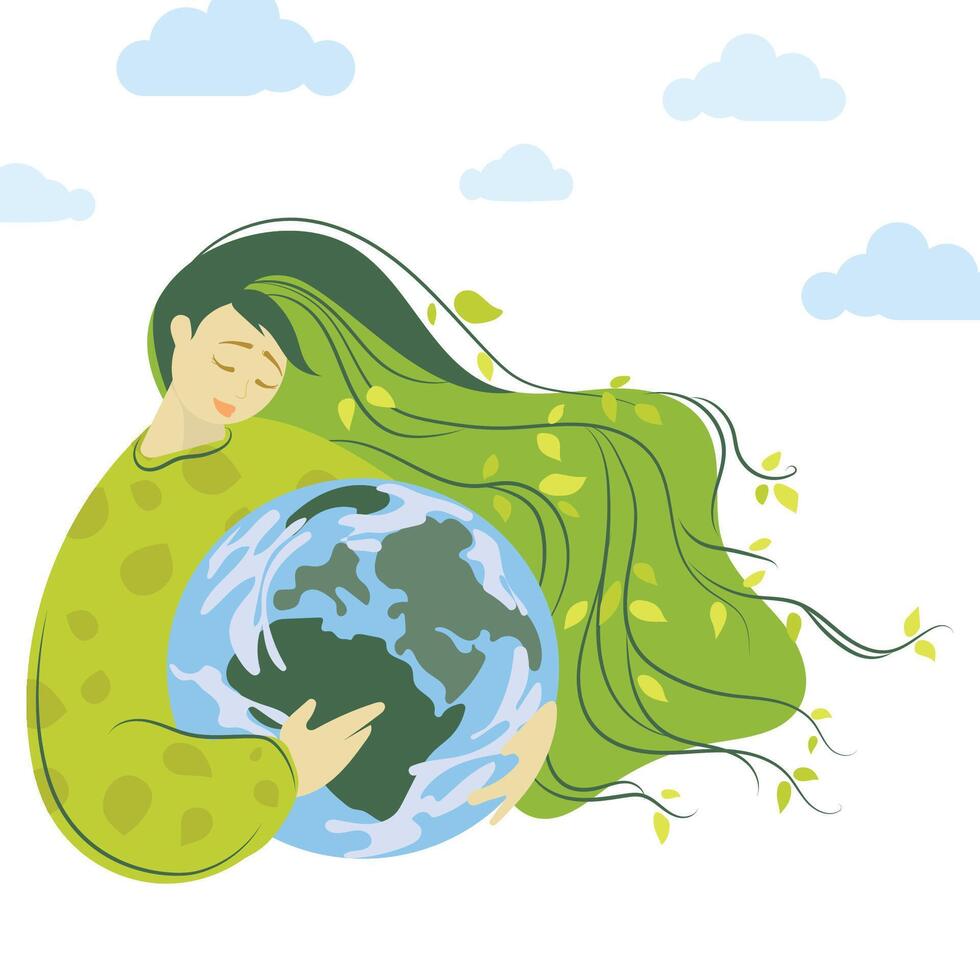Mother Earth day illustration.Woman with green hair and plants hugs planet Earth. Ecology, World Environment day, Mother nature care concept. Vector illustration in flat style