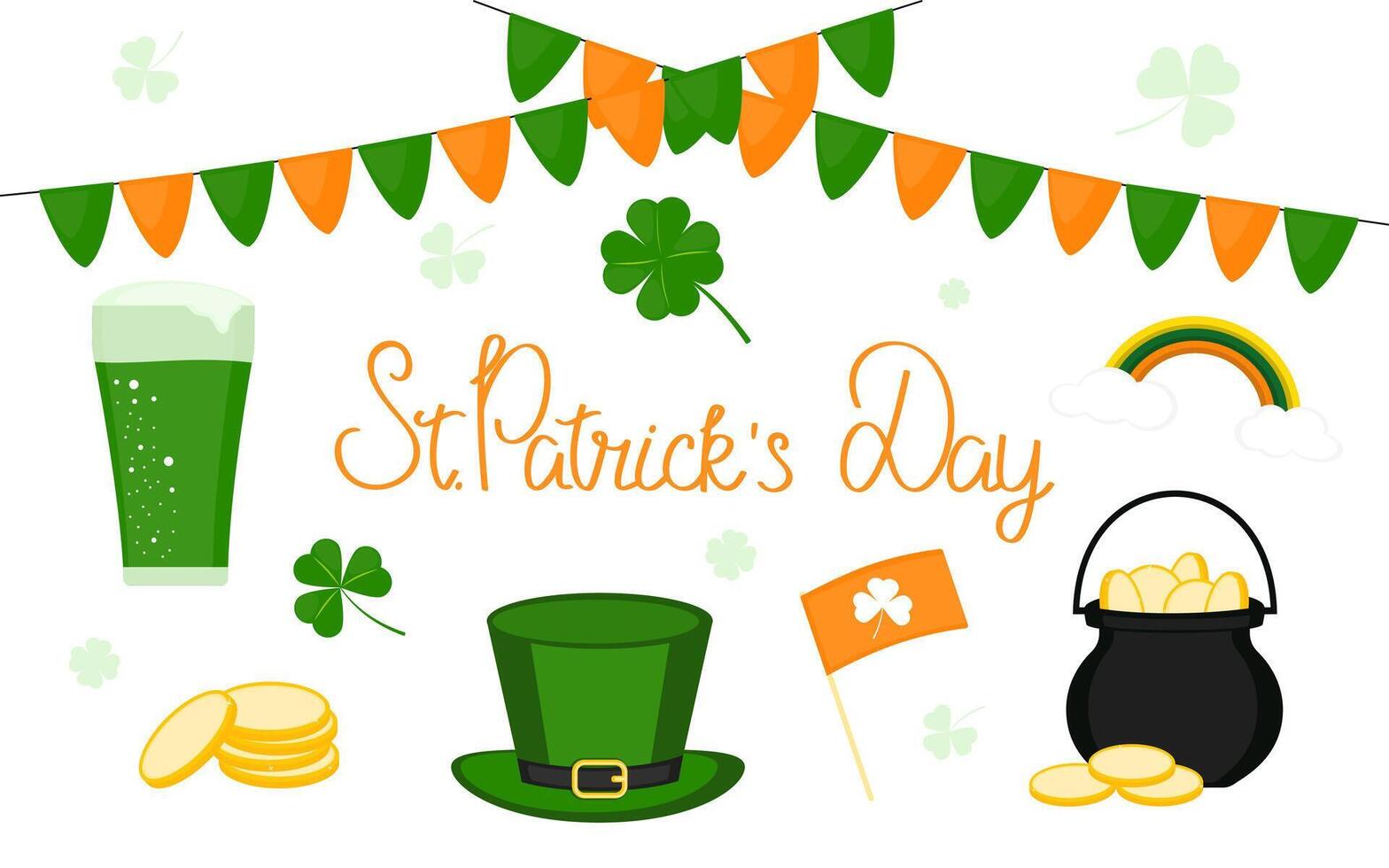 Saint patricks day set of design elements. Clover, shamrock, coins, beer, hat, pot, flags. Collection for cards, scrapbooking, stickers, banner, poster. vector
