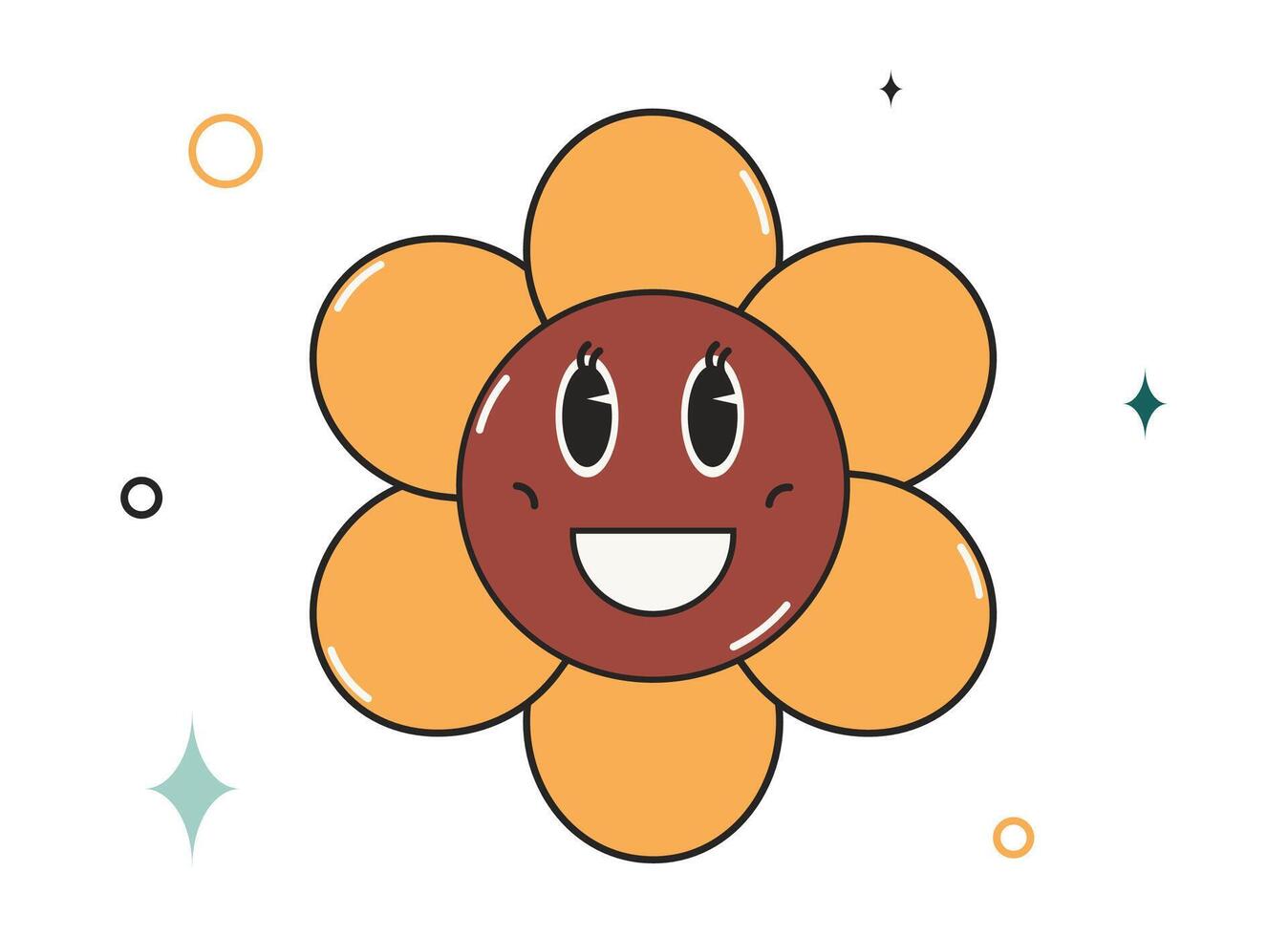 Groovy happy flower character with eyes and smile. Hippie 70s style. Sticker, label, t-shirt design in trendy retro style. Vector illustration isolated on a white background