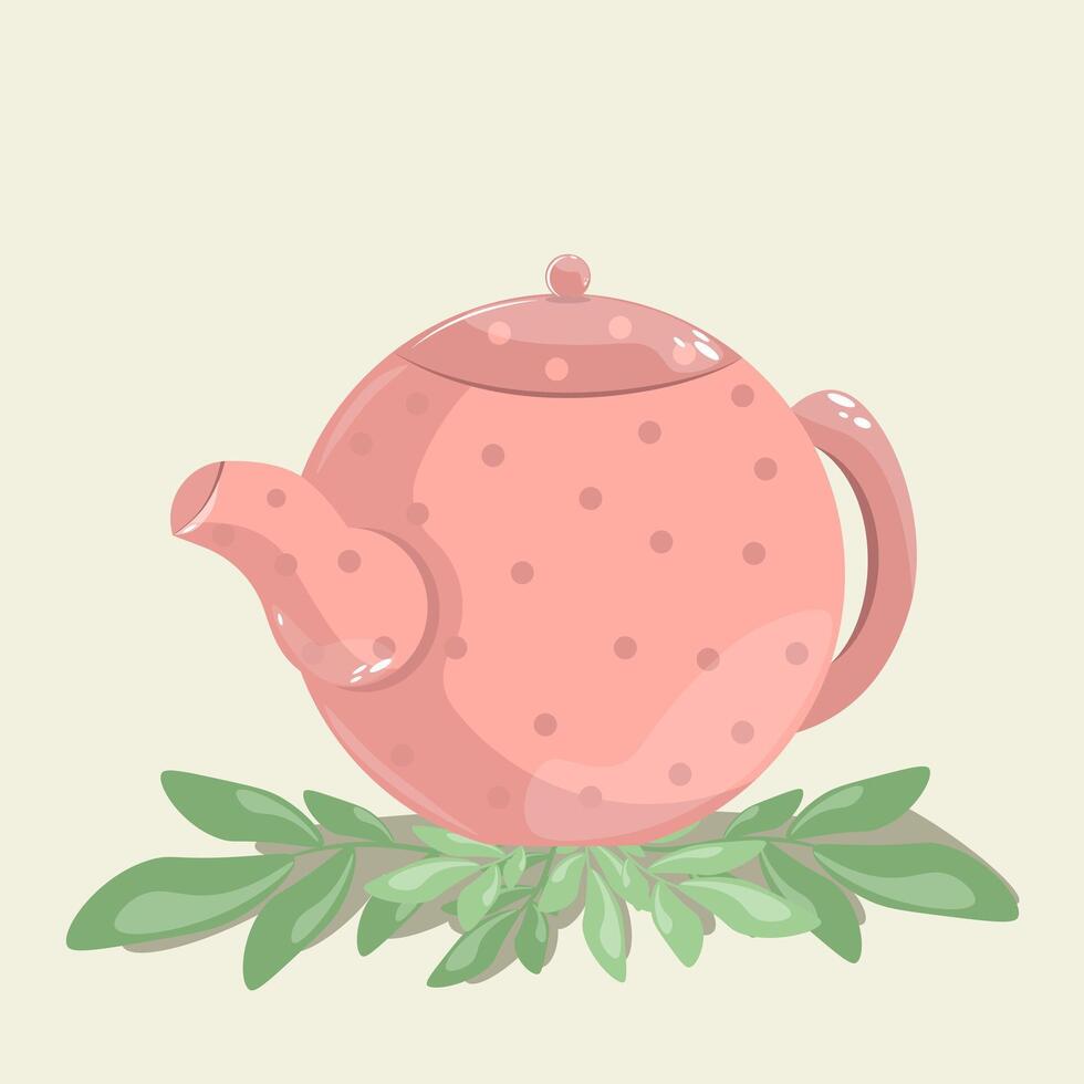 Pink teapot with polka dot teapot. A teapot for making hot drinks. Ceramic utensil for boiling water for tea and coffee. Cartoon flat vector illustration on olive background. Vector