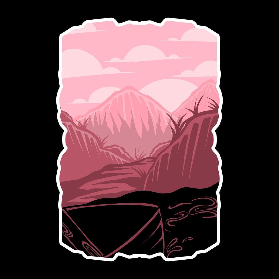 Sunset above mountains peak silhouette. Vintage styled mountain logo or sticker or poster template. Vector illustration