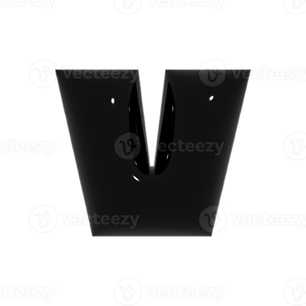 Black metal shiny reflective letter V 3D illustration png