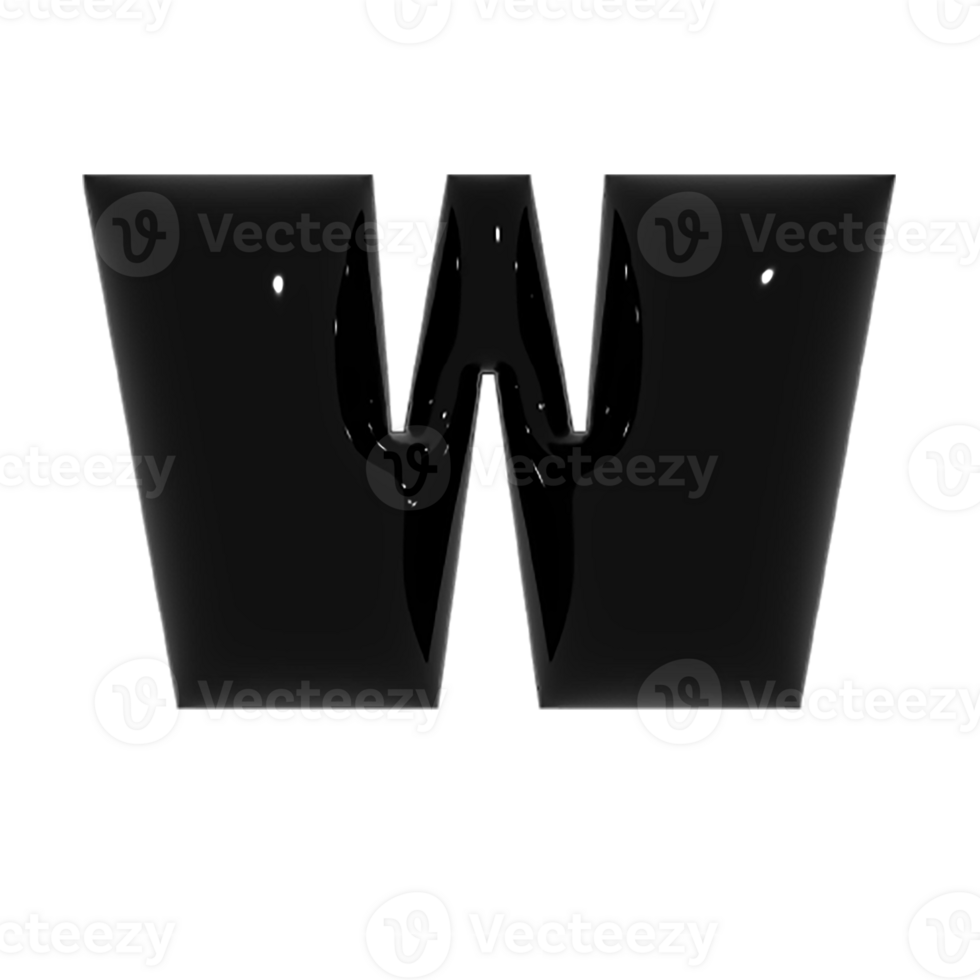 Black metal shiny reflective letter W 3D illustration png