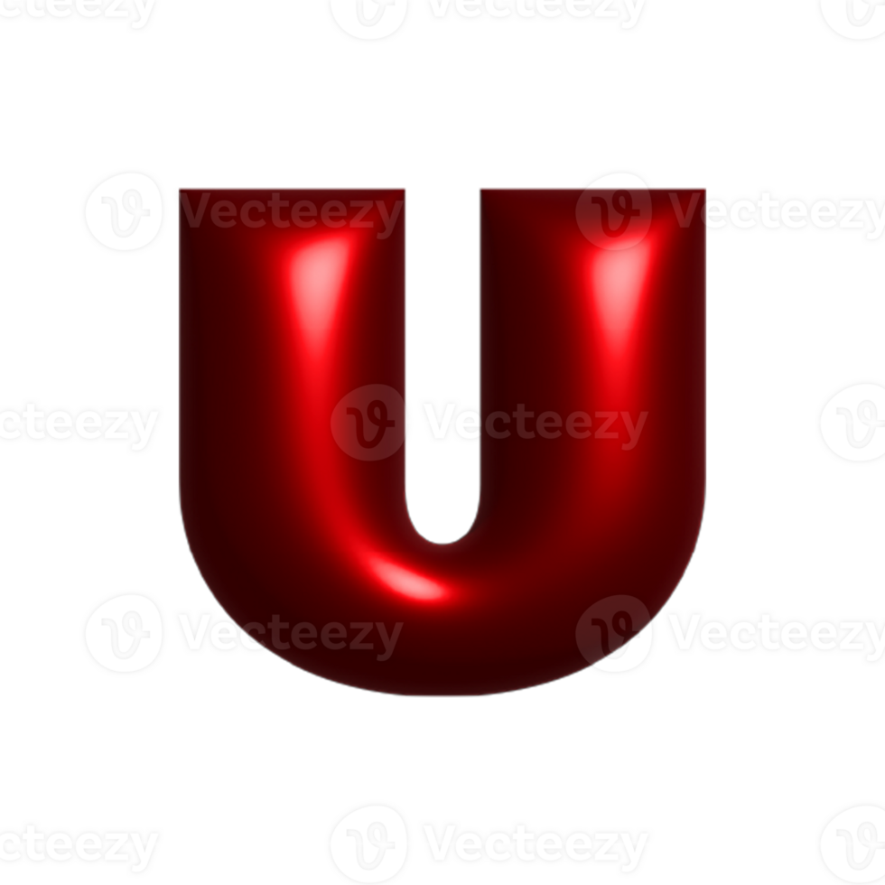 Red metal shiny reflective letter U 3D illustration png