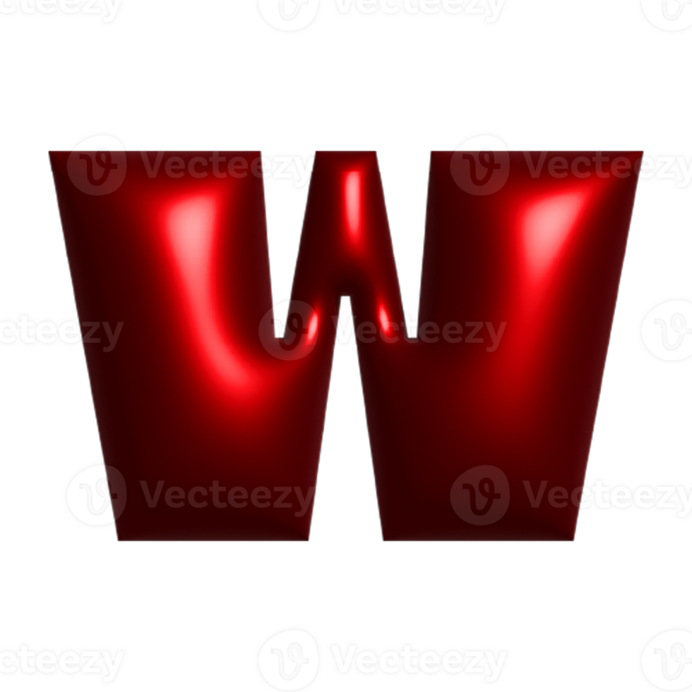 Red metal shiny reflective letter W 3D illustration png