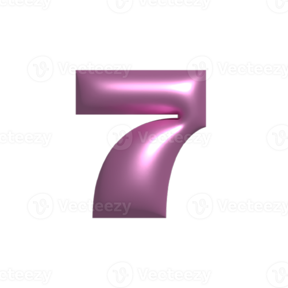 Pink shiny metal reflective number 7 3D illustration png