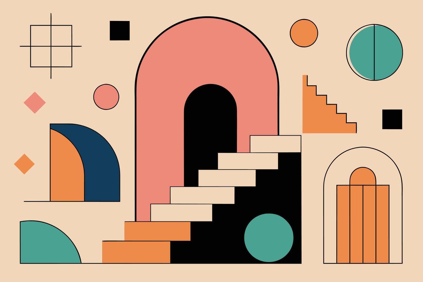 Surreal geometric shapes. Abstract vector elements and signs in trendy minimal outline style. Arch, stairs, column etc