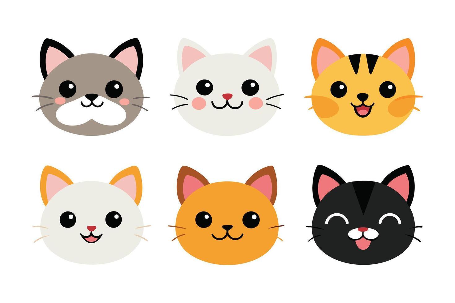 Collection of cute funny cat faces isolated on white background vector