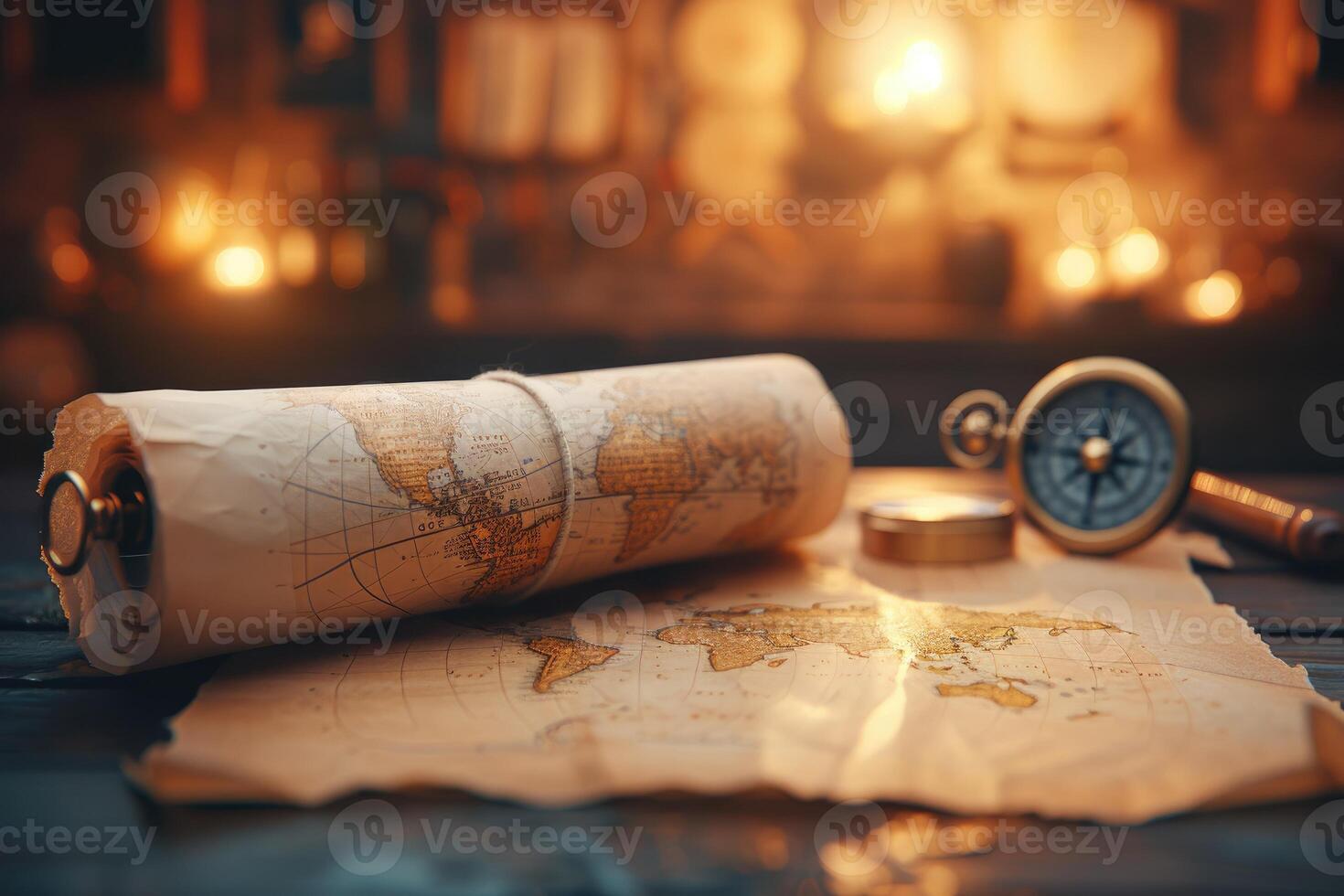 AI generated A map of world  is placed on a table with a brass compass and a quill professional photography photo