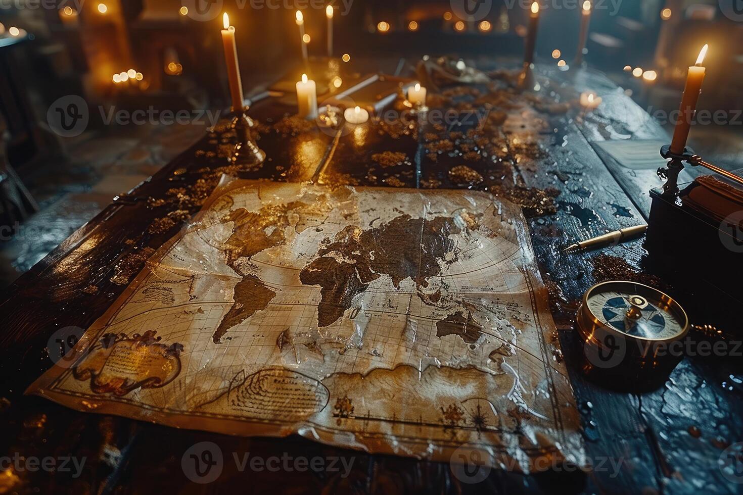 AI generated A map of world  is placed on a table with a brass compass and a quill professional photography photo