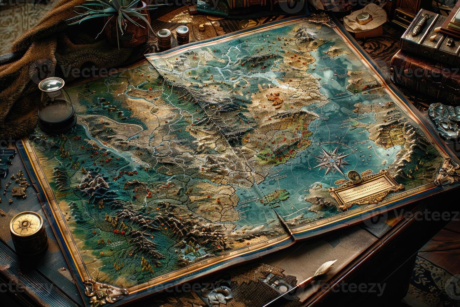 AI generated A map of world  is placed on a table with a brass compass and a quill professional photography photo