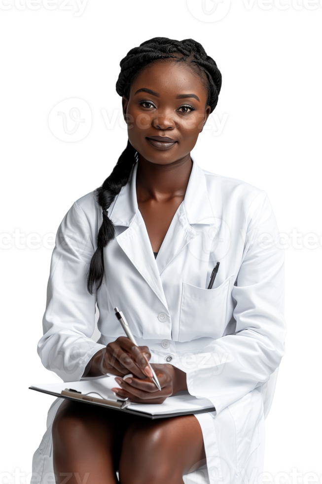 ai generado retrato de joven africano mujer enfermero con bloc en manos png
