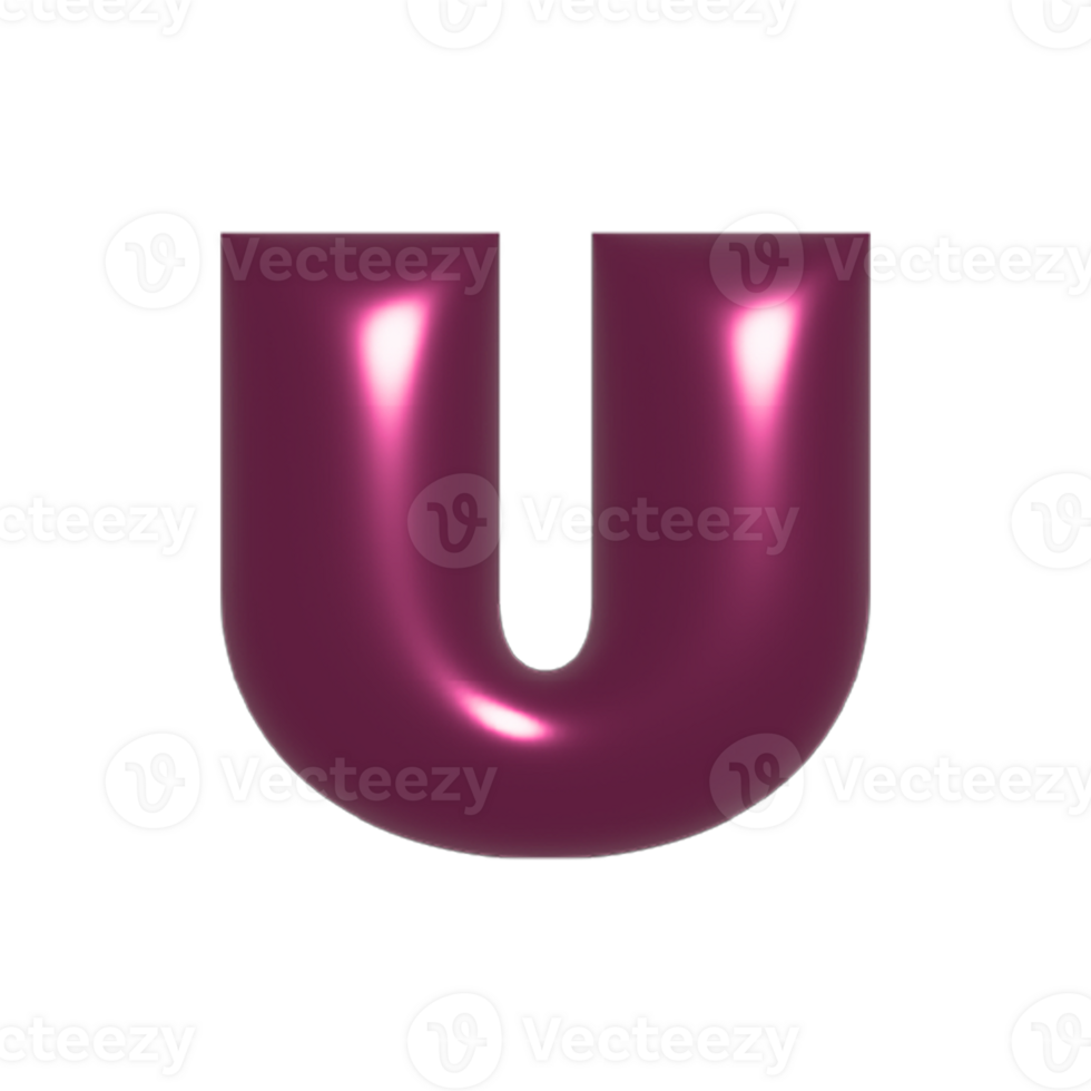 Red metal shiny reflective letter U 3D illustration png