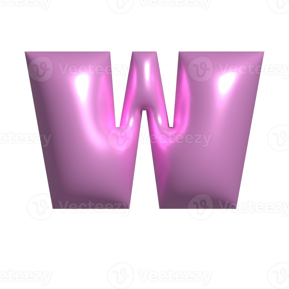 Pink metal shiny reflective letter W 3D illustration png