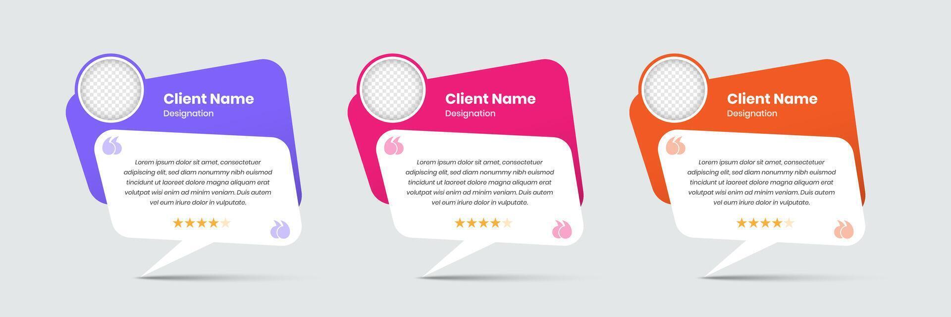 Modern client testimonial and customer feedback template with abstract message bubble shape and image placeholder vector