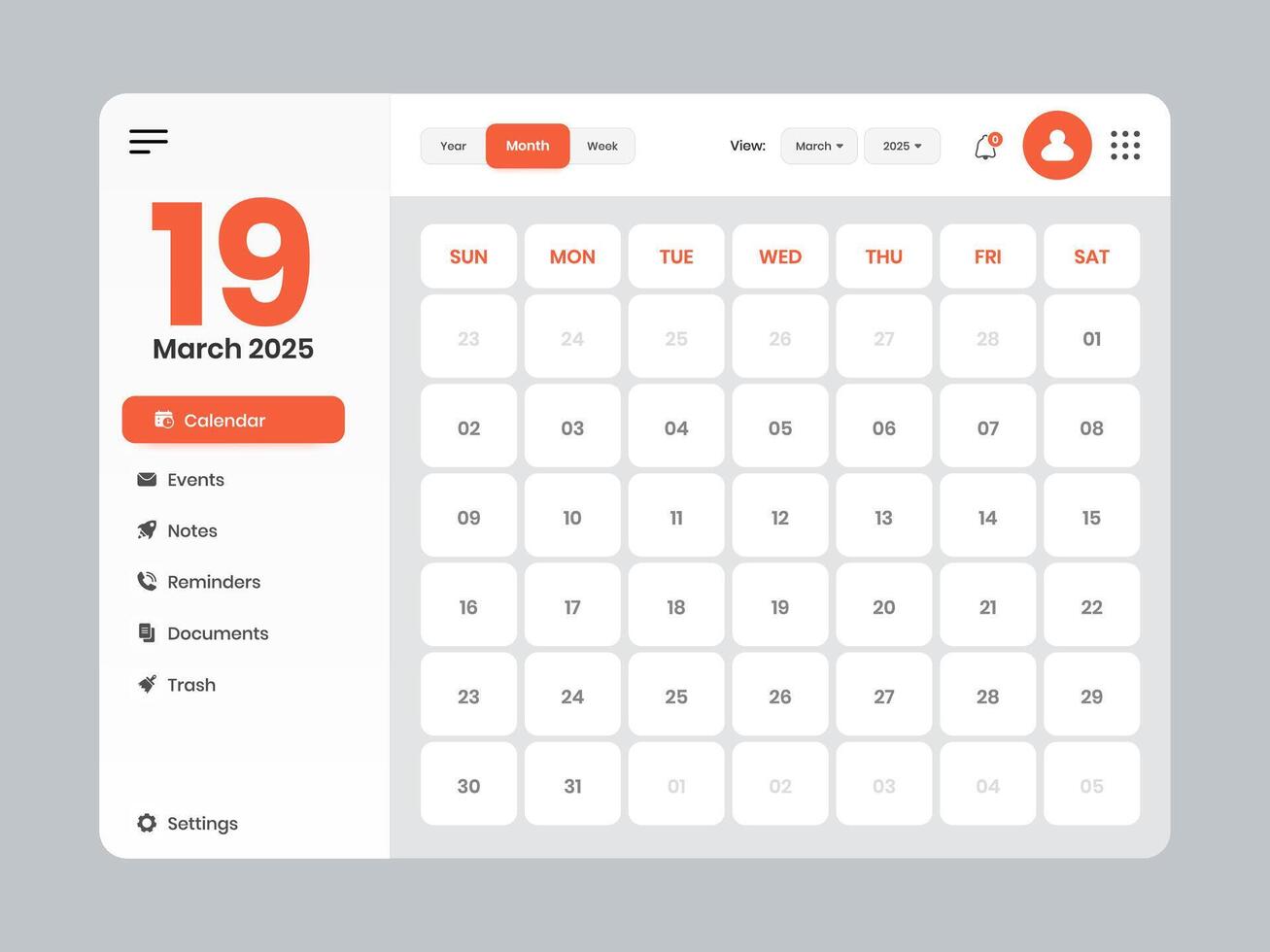 Calendar app web interface layout design vector