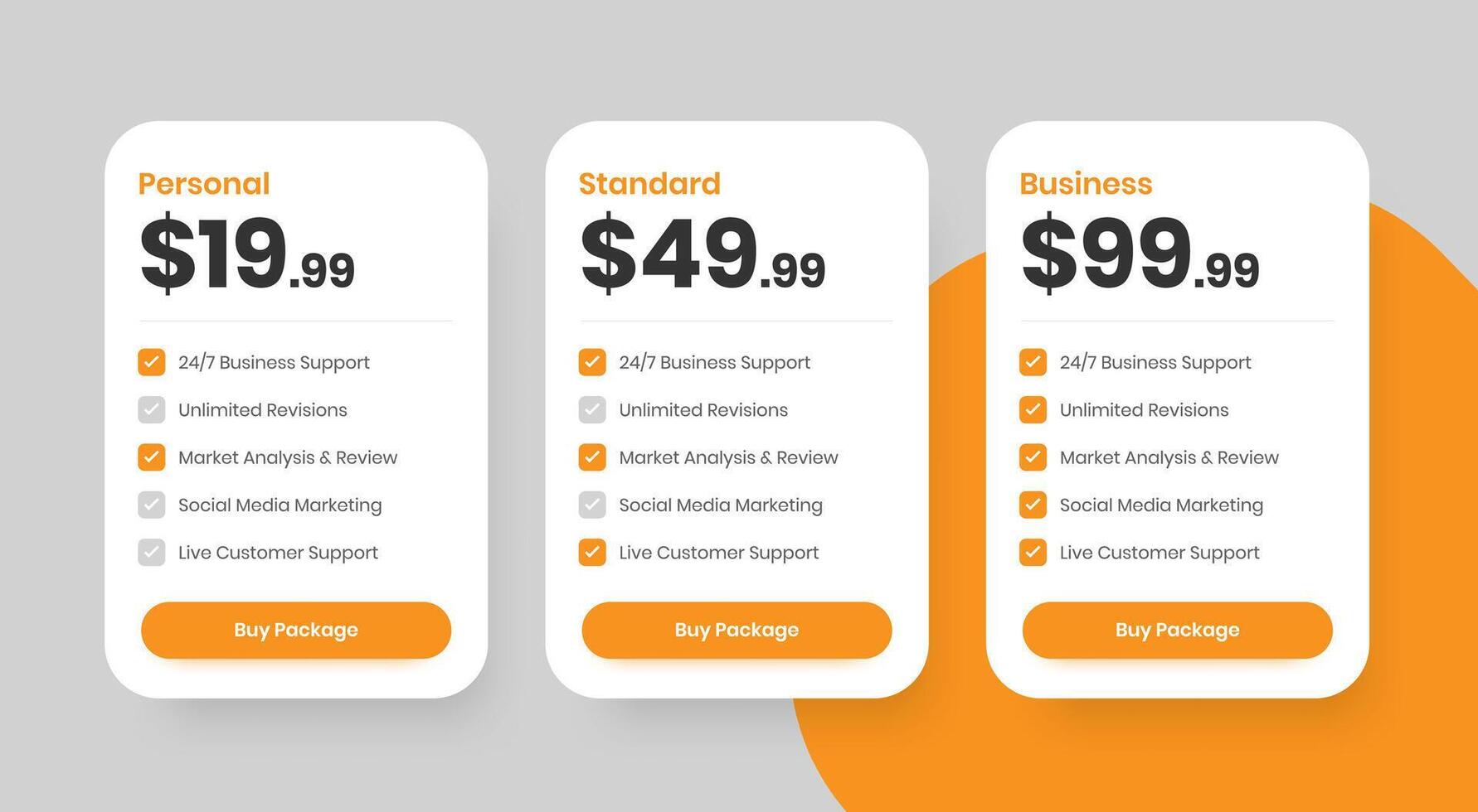 Business service solutions pricing package layout with checkmark icon vector