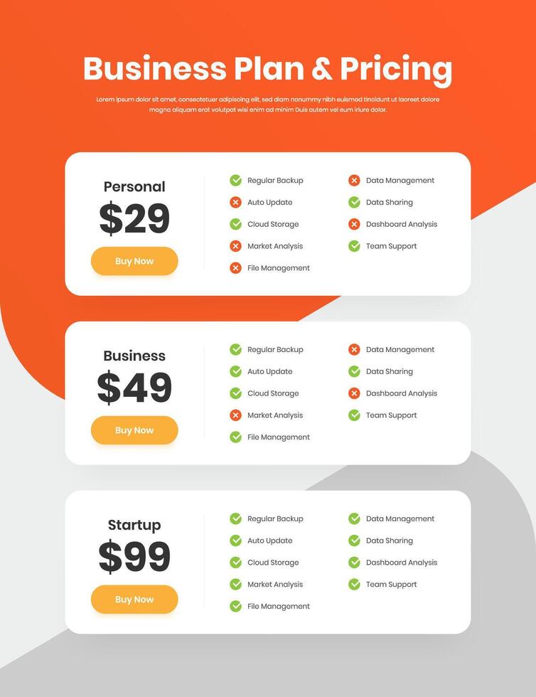 Simple multipurpose business plan and pricing web interface design with checklist vector