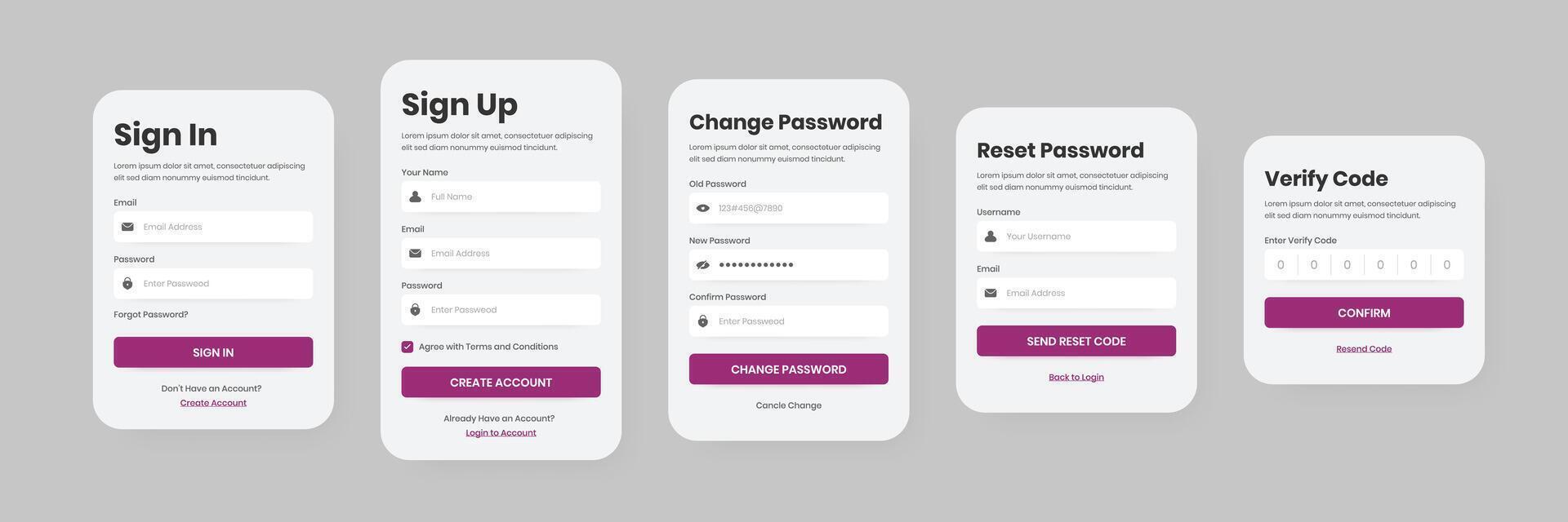 usuario formar acceso, registro, cambio contraseña, Reiniciar y verificar código interfaz elementos diseño vector