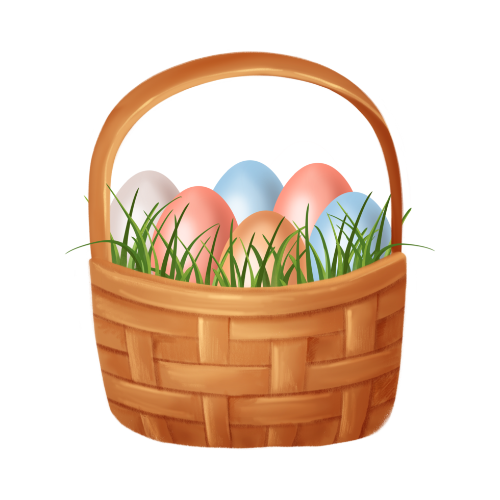 AI generated Colorful Easter eggs in wicker basket on grass png