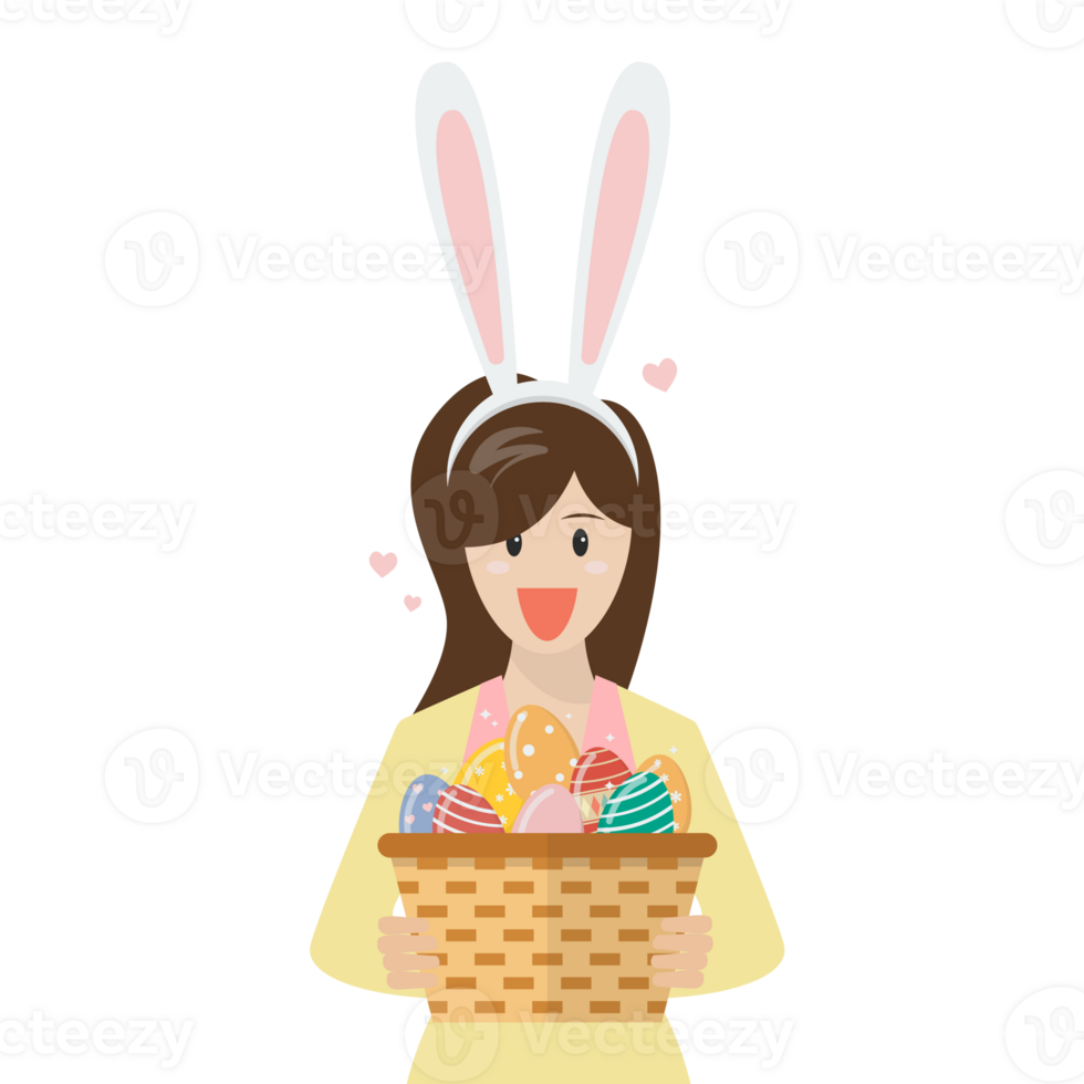 Woman with bunny ears holding basket full of easter eggs png