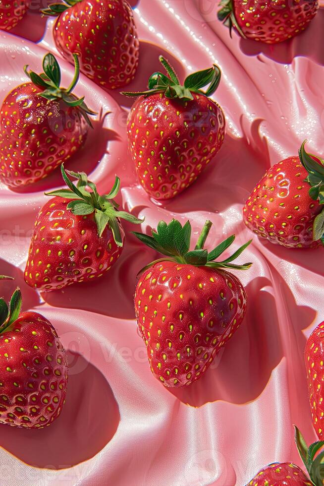 ai generado Fresco jugoso fresas en un rosado antecedentes foto