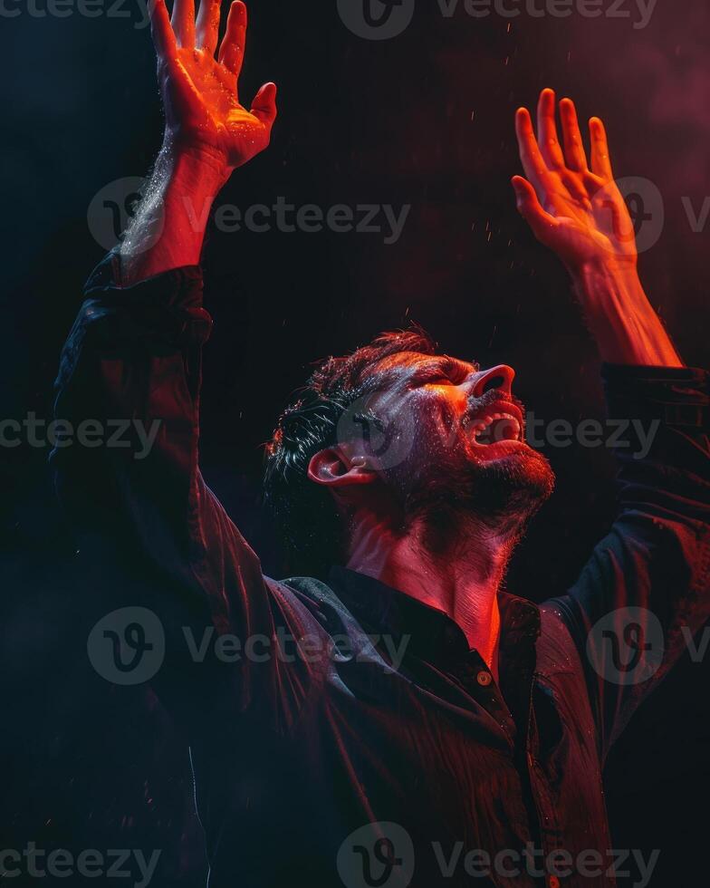 ai generado un cristiano hombre Orando a Dios llorando y emocional con su brazos elevado foto