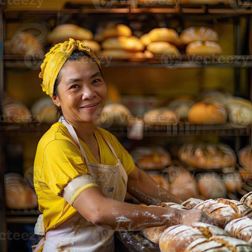 AI generated A baker in a bakery, she is baking bread with a smile photo