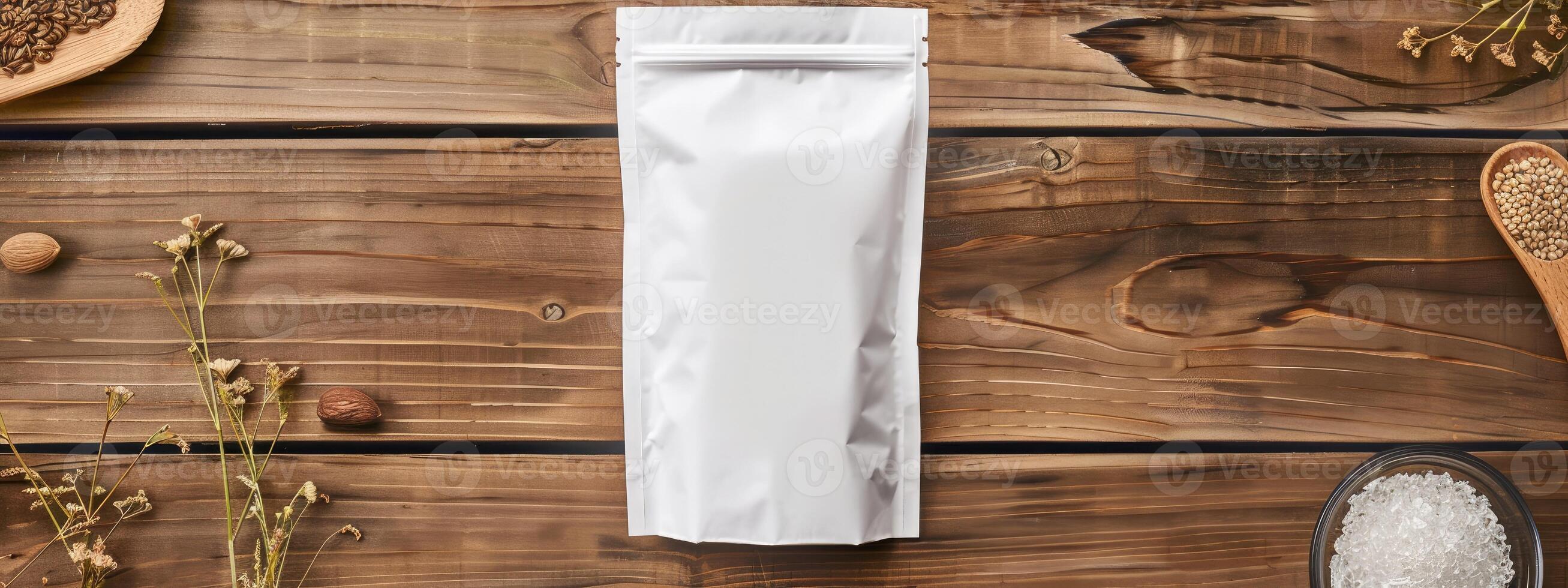 AI generated white packaging bag mockup, on a wooden table photo