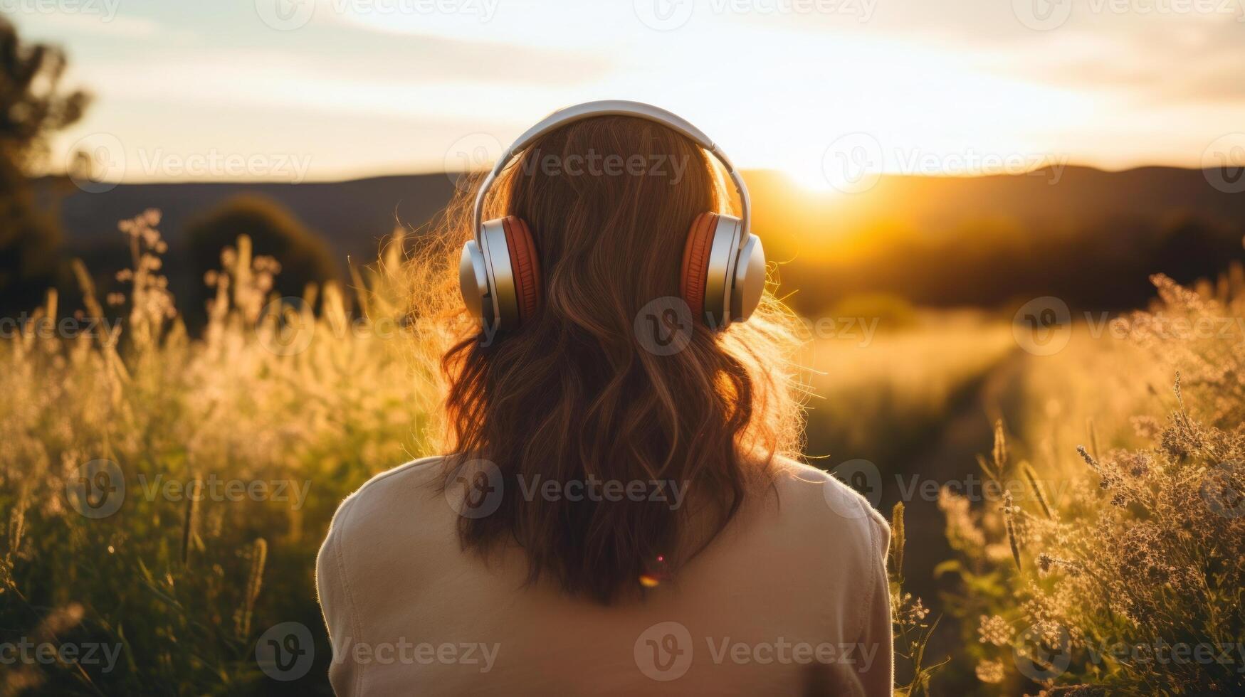 AI generated Music therapy, harmony, mental health concept. Pretty young woman enjoying music with headphones outdoors. Woman wearing headphones enjoying music and good vibes photo